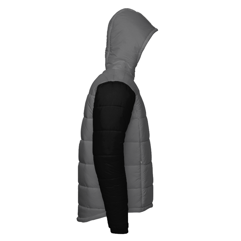 Right of Hooded Puffer Jacket in Light Grey with Black sleeves and White zips