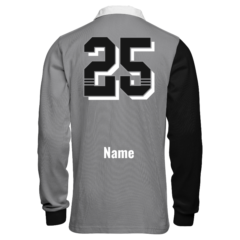 Back of Rugby Jersey  in Black and White with Light Grey and White stripes, ribbing in Black, White and Light Grey and decoration on back center including a custom name for personalisation