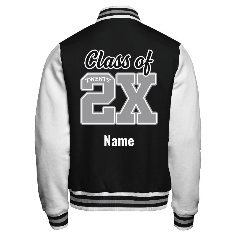 Back of Fleece Varsity Jacket (Stormfront) in Black with White sleeves, ribbing in White, Black and Light Grey and decoration on back center including a custom name for personalisation