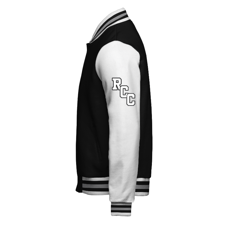 Left of Fleece Varsity Jacket (Stormfront) in Black and White with White sleeves, ribbing in White, Black and Light Grey and decoration on sleeve left