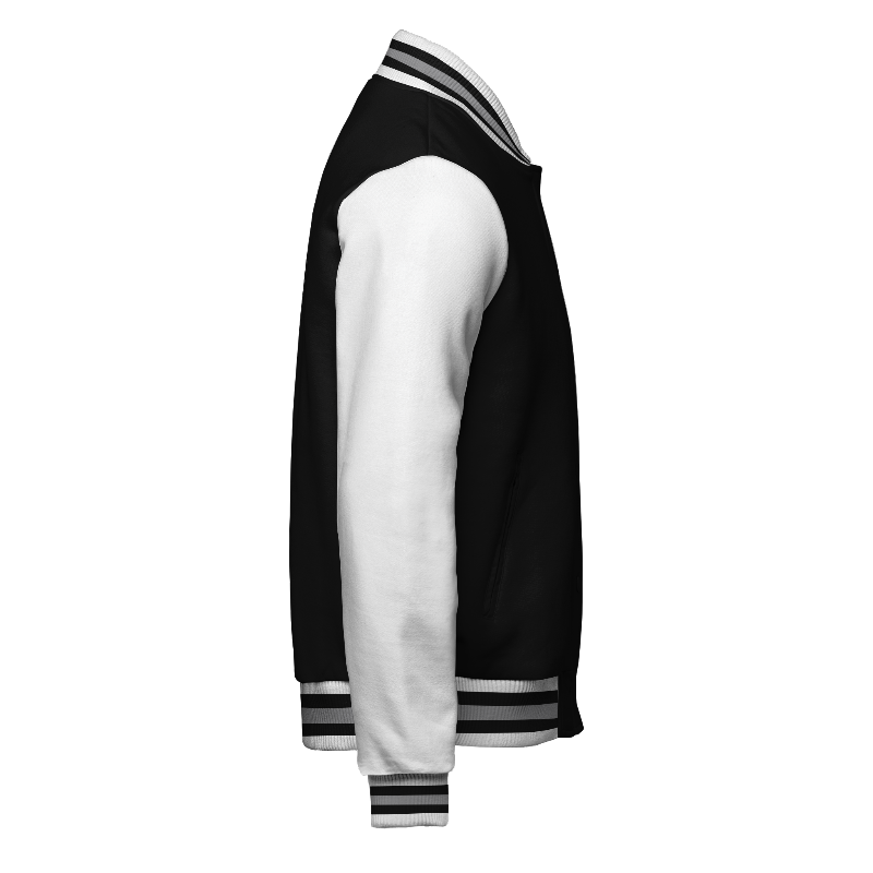 Right of Fleece Varsity Jacket (Stormfront) in Black and White with White sleeves and ribbing in White, Black and Light Grey