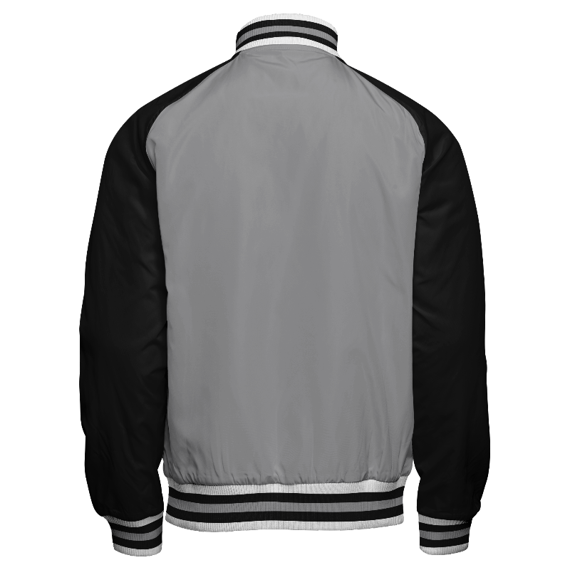 Spray proof back of Reversible Letterman Jacket (Zip) in Light Gray with Black sleeves and ribbing in White, Black and Light Gray