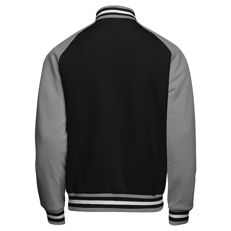 Fleece back of Reversible Letterman Jacket (Zip) in Black with Light Gray sleeves and ribbing in Light Gray, Black and White
