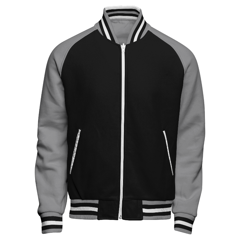 Fleece front of Reversible Letterman Jacket (Zip) in Black and White with Light Gray sleeves and ribbing in Light Gray, Black and White