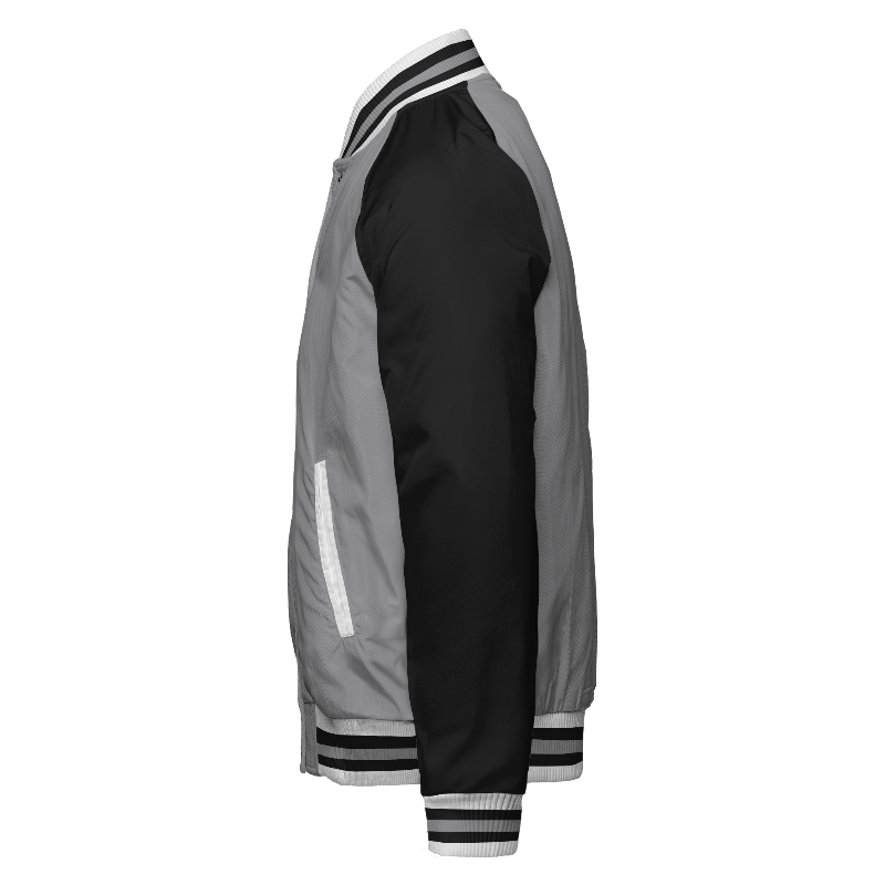Spray proof left of Reversible Letterman Jacket (Zip) in Light Gray and White with Black sleeves and ribbing in White, Black and Light Gray