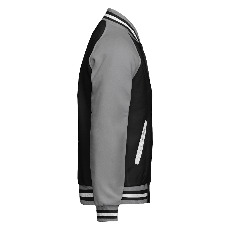 Fleece right of Reversible Letterman Jacket (Zip) in Black and White with Light Gray sleeves and ribbing in Light Gray, Black and White