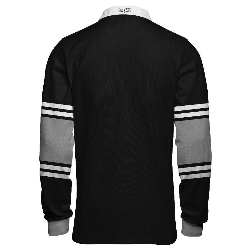 Back of Rugby Jersey  in Black and White with White and Light Grey stripes, ribbing in Light Grey and White and decoration on collar