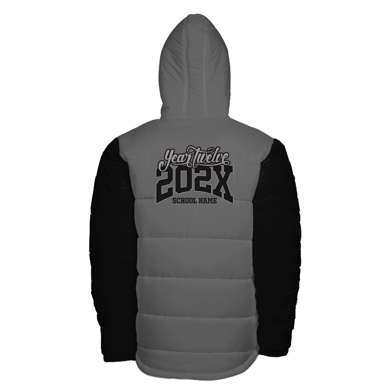 Back of Hooded Puffer Jacket in Light Grey with Black sleeves and decoration on back center