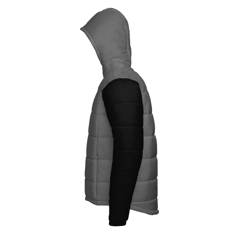 Left of Hooded Puffer Jacket in Light Grey with Black sleeves and White zips