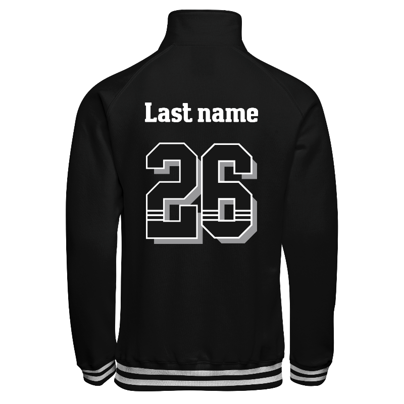 Back of Quarter-Zip Sweater in Black with ribbing in Black and White and decoration on back center including a custom name for personalisation