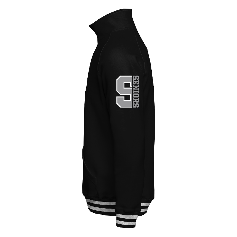 Left of Quarter-Zip Sweater in Black with ribbing in Black and White and decoration on sleeve left