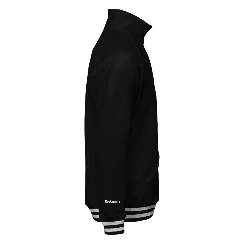 Right of Quarter-Zip Sweater in Black with ribbing in Black and White and a custom name for personalisation on right cuff