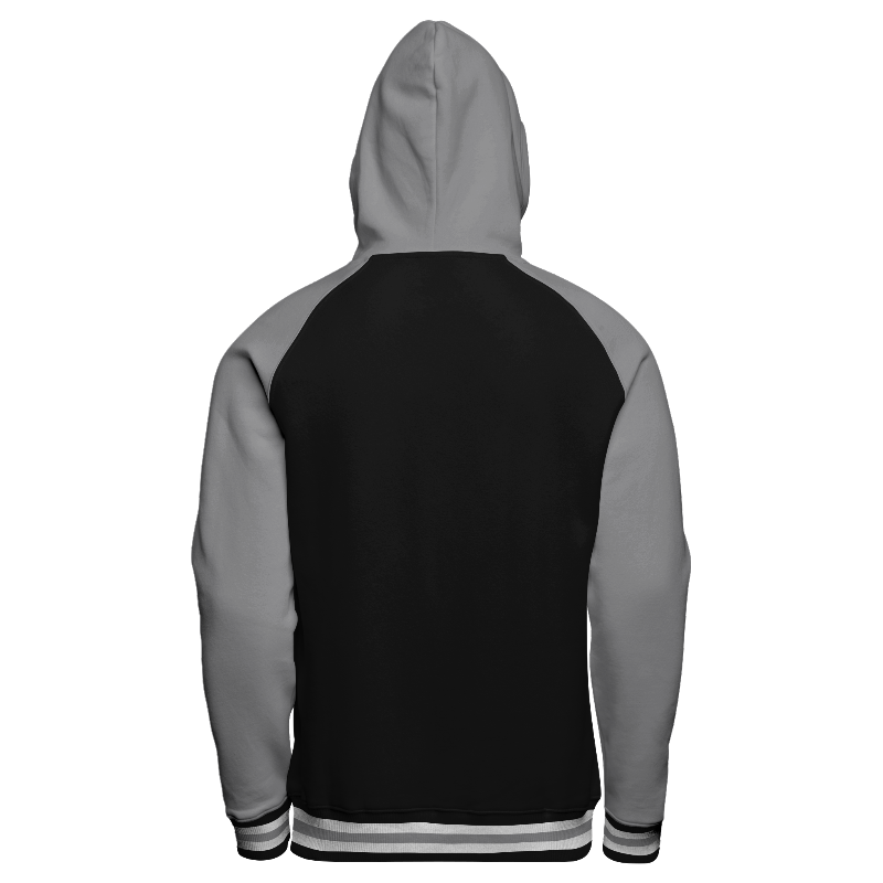 Back of Hoodie in Black with Light Grey sleeves, Light Grey hood and ribbing in Black, White and Light Grey