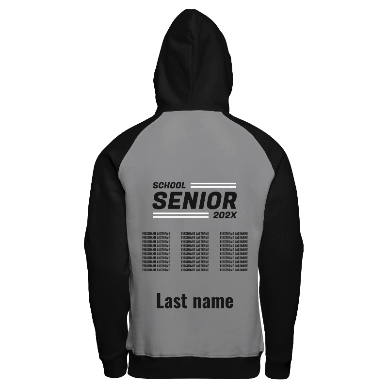 Back of Hoodie in Light Grey and Black with Black sleeves, Black hood and decoration on back center including a custom name for personalisation