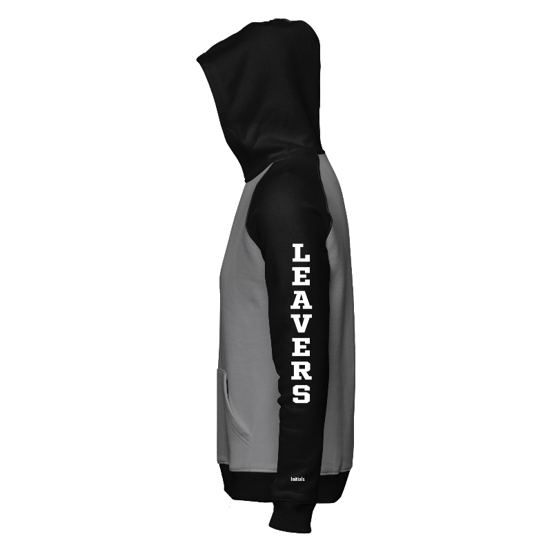 Left of Hoodie in Light Grey and Black with Black sleeves, Black hood and decorations on sleeve left and left cuff including a custom name for personalisation on left cuff