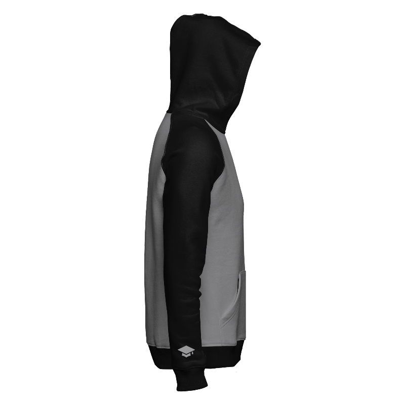 Right of Hoodie in Light Grey and Black with Black sleeves, Black hood and decoration on right cuff