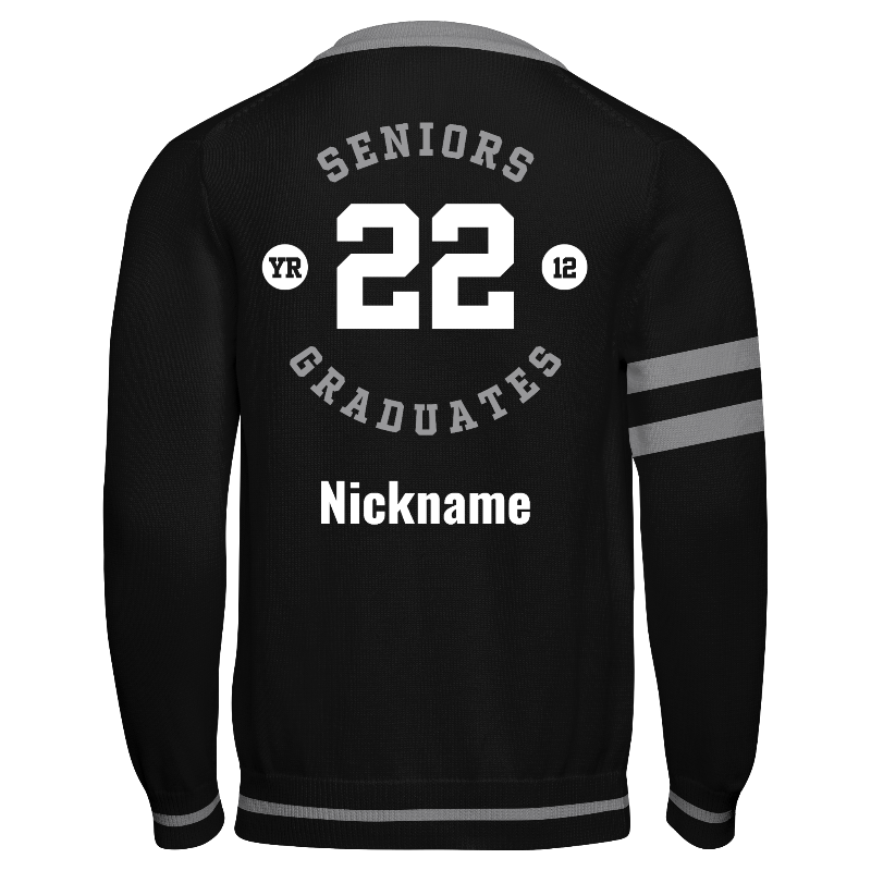 Back of Knitted Letterman Sweater in Black and Light Gray with Black and Light Gray sleeves, ribbing in Black and Light Gray and decoration on back center including a custom name for personalization