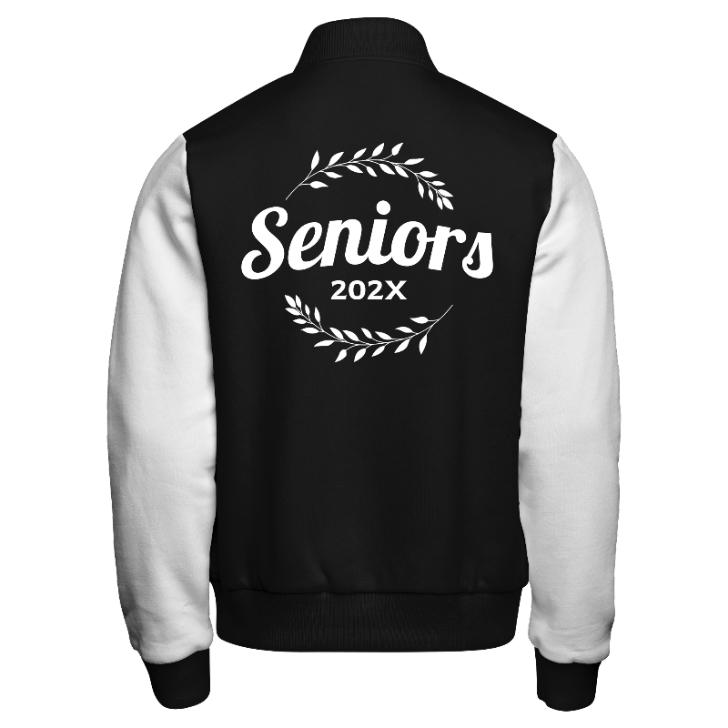 Back of Fleece Varsity Jacket (Stormfront) in Black with White sleeves, ribbing in Black and Light Grey and decoration on back center