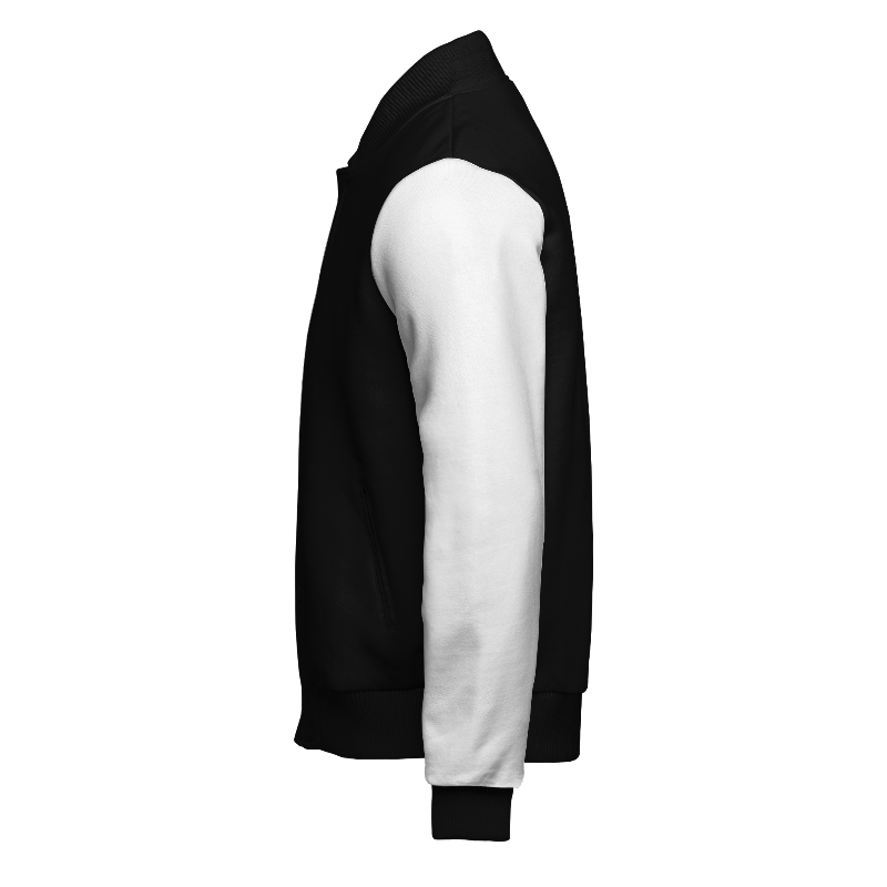 Left of Fleece Varsity Jacket (Stormfront) in Black with White sleeves and ribbing in Black and Light Grey