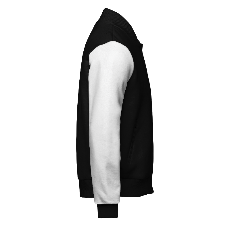 Right of Fleece Varsity Jacket (Stormfront) in Black with White sleeves, ribbing in Black and Light Grey and a custom name for personalisation on sleeve right