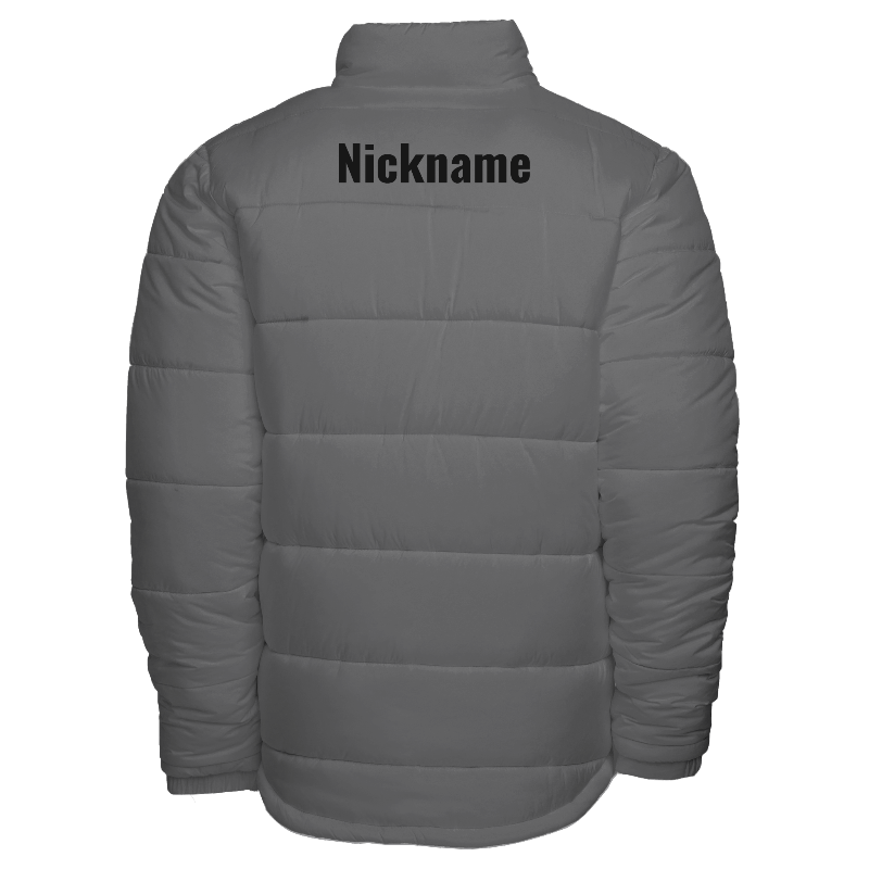 Back of Puffer Jacket in Light Grey with a custom name for personalisation on back center