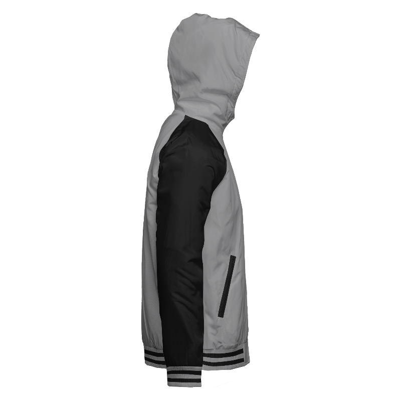 Spray proof right of Reversible Zip Hoodie in Light Grey and Black with Black sleeves and ribbing in Light Grey and Black