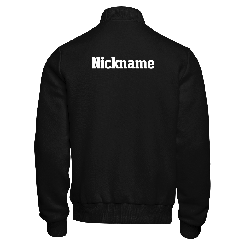 Back of Fleece Varsity Jacket in Black with ribbing in Black and Light Grey and a custom name for personalisation on back center