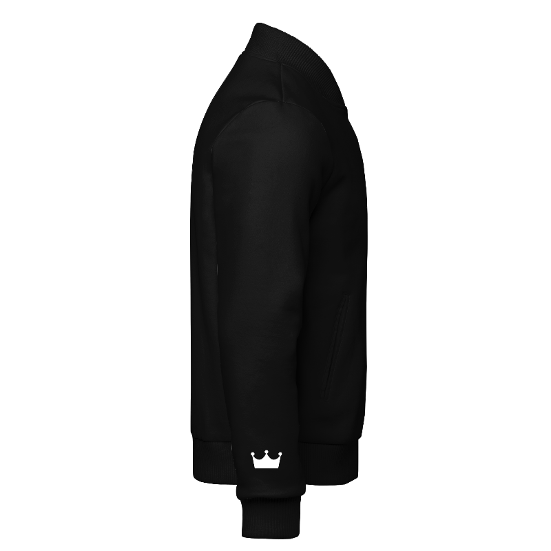 Right of Fleece Varsity Jacket in Black with ribbing in Black and Light Grey and decoration on right cuff