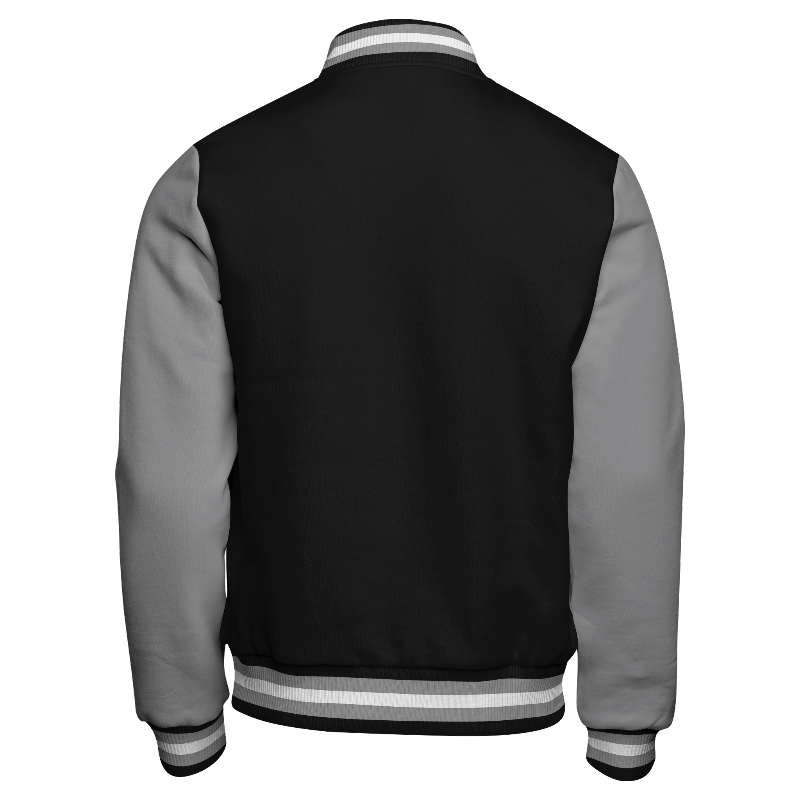 Back of Fleece Letterman Jacket (Zip) in Black with Light Gray sleeves and ribbing in Black, Light Gray and White