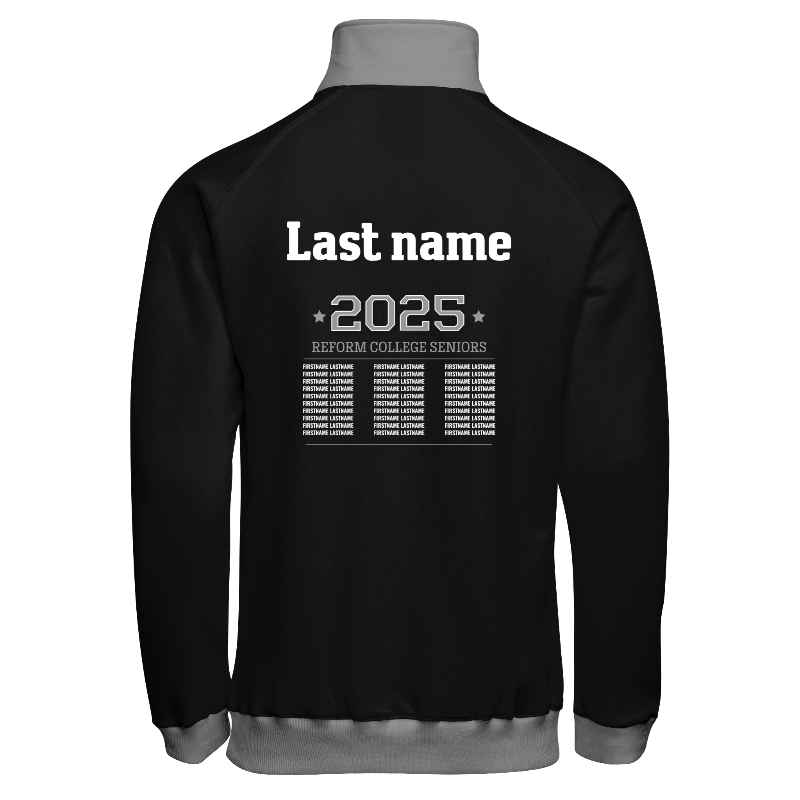 Back of Quarter-Zip Sweater in Black and Light Grey with ribbing in Light Grey and Dark Grey and decoration on back center including a custom name for personalisation