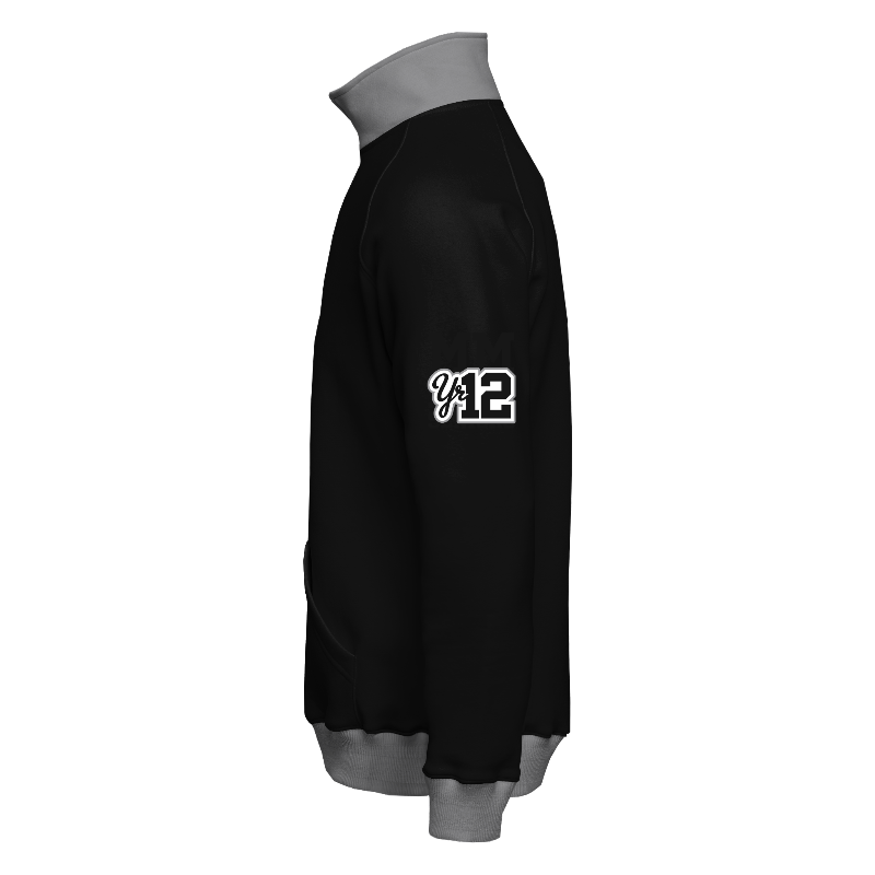 Left of Quarter-Zip Sweater in Black and Light Grey with ribbing in Light Grey and Dark Grey and decoration on sleeve left