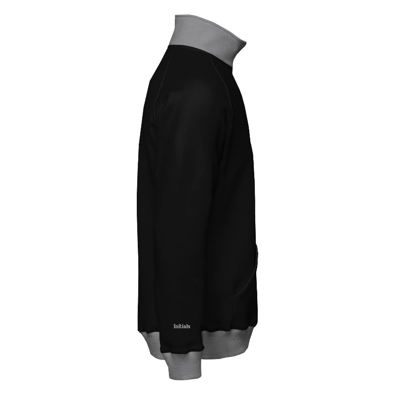 Right of Quarter-Zip Sweater in Black and Light Grey with ribbing in Light Grey and Dark Grey and a custom name for personalisation on right cuff