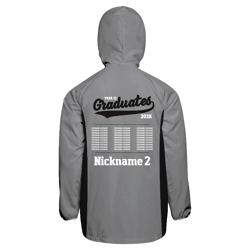Back of Windbreaker Jacket in Light Gray and White with Black and Light Gray stripes and decoration on back center including a custom name for personalization