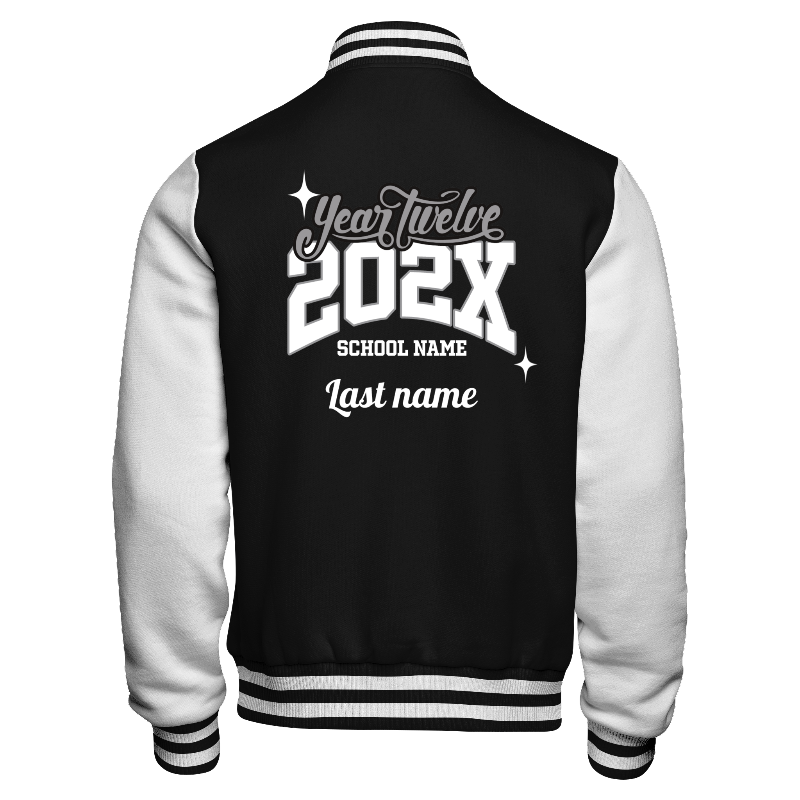 Back of Fleece Varsity Jacket in Black with White sleeves, ribbing in Black and White and decoration on back center including a custom name for personalisation