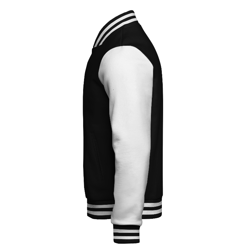 Left of Fleece Varsity Jacket in Black with White sleeves and ribbing in Black and White