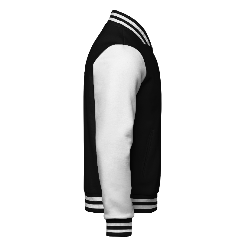 Right of Fleece Varsity Jacket in Black with White sleeves and ribbing in Black and White
