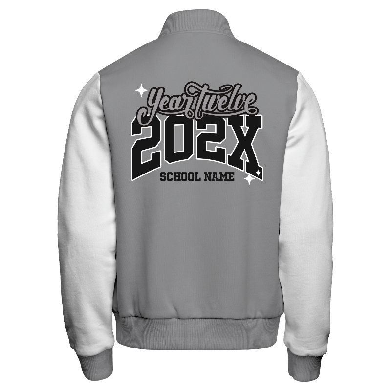 Back of Fleece Letterman Jacket (Stormfront) in Light Grey with White sleeves, ribbing in Light Grey, Black and White and decoration on back center