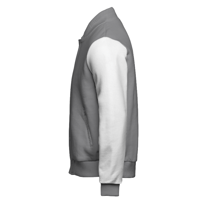 Left of Fleece Letterman Jacket (Stormfront) in Light Grey and White with White sleeves and ribbing in Light Grey, Black and White