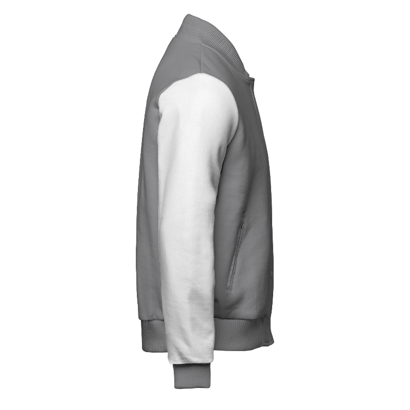 Right of Fleece Letterman Jacket (Stormfront) in Light Grey and White with White sleeves and ribbing in Light Grey, Black and White