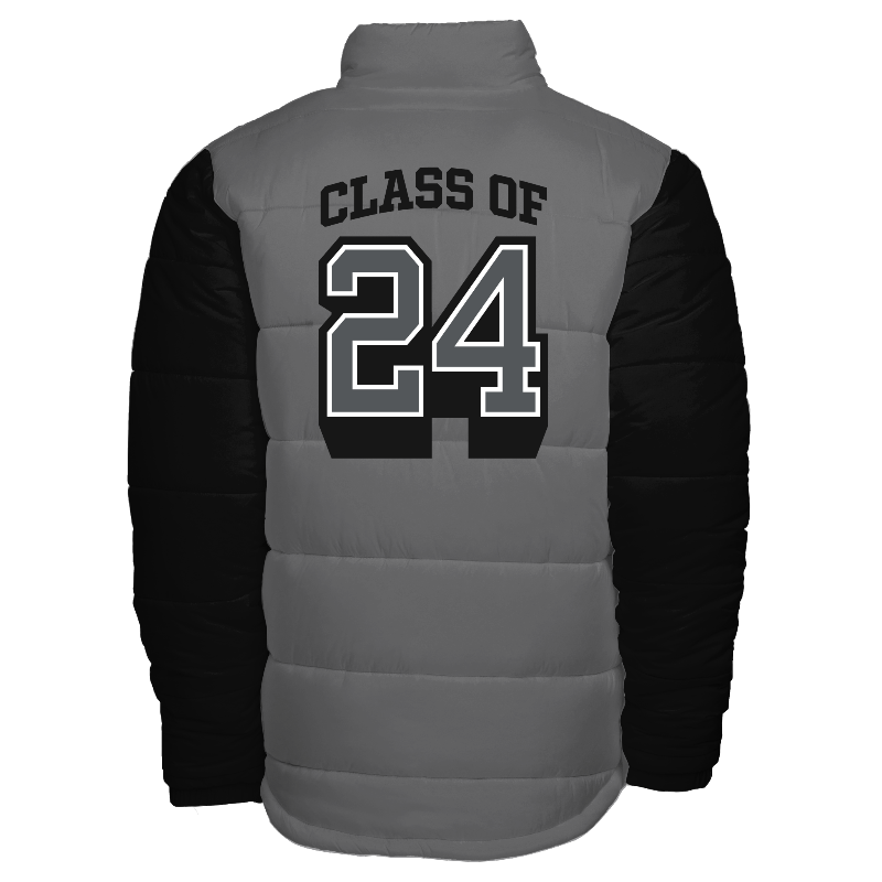 Back of Puffer Jacket in Light Grey with Black sleeves and decoration on back center