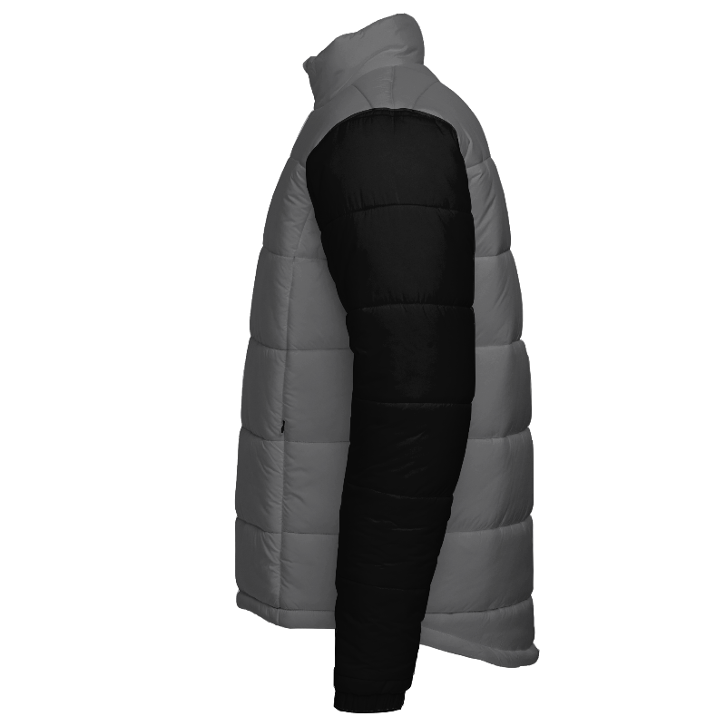 Left of Puffer Jacket in Light Grey with Black sleeves and Black zips