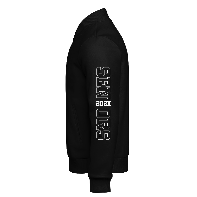 Left of Fleece Varsity Jacket in Black with ribbing in Black and Light Grey and decoration on sleeve left