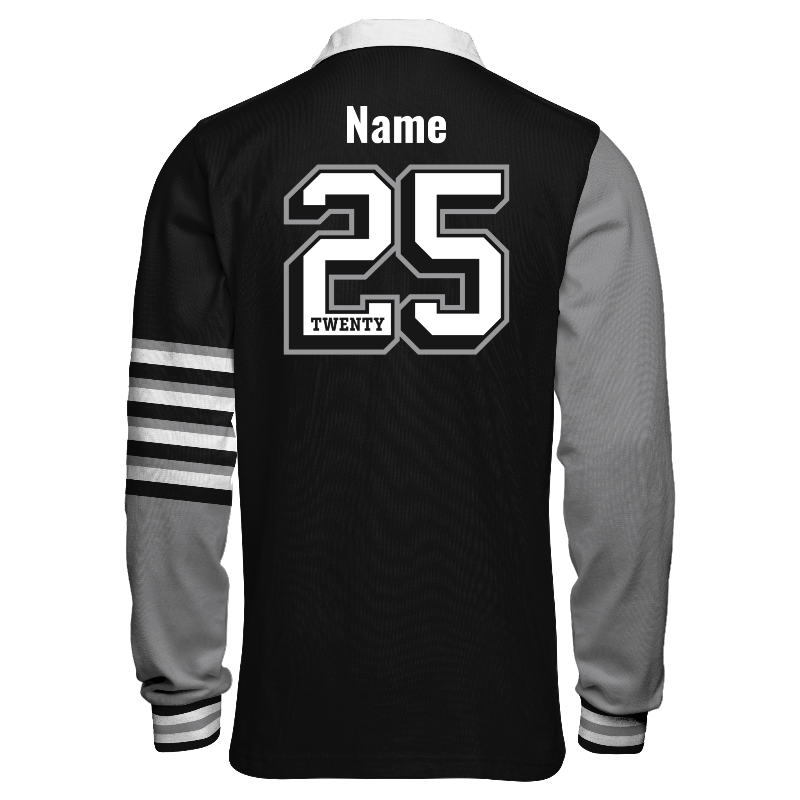 Back of Rugby Jersey  in Black and White with Light Grey and White stripes, ribbing in Black, White and Light Grey and decoration on back center including a custom name for personalisation