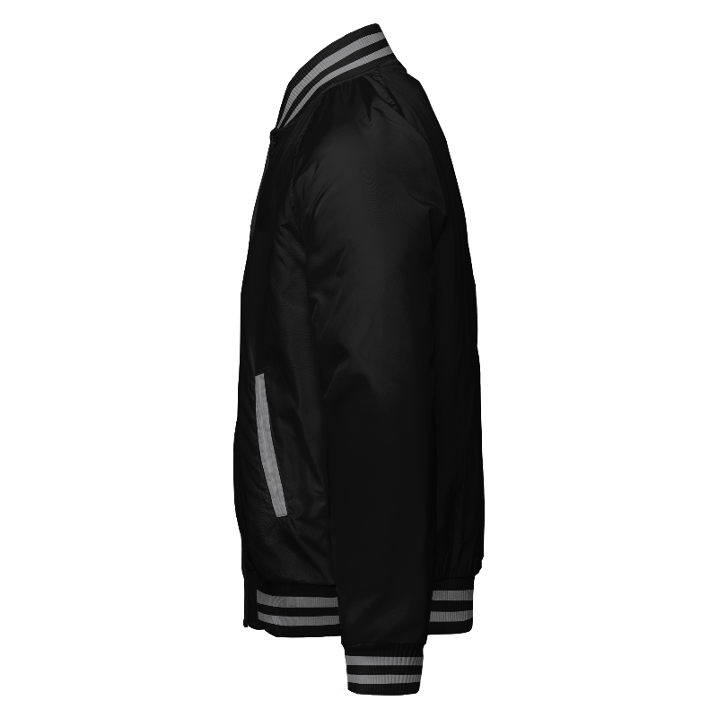 Spray proof left of Reversible Varsity Jacket  in Black and Light Grey with ribbing in Black and Light Grey
