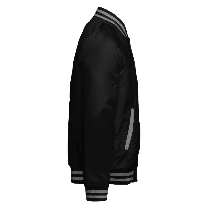 Spray proof right of Reversible Varsity Jacket  in Black and Light Grey with ribbing in Black and Light Grey