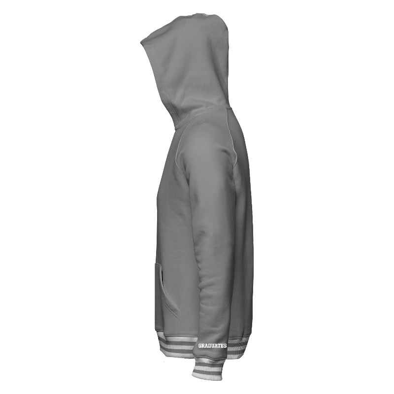 Left of Hoodie in Light Grey with ribbing in White and Light Grey and decoration on left cuff