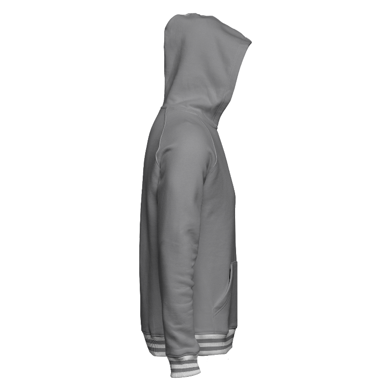Right of Hoodie in Light Grey with ribbing in White and Light Grey