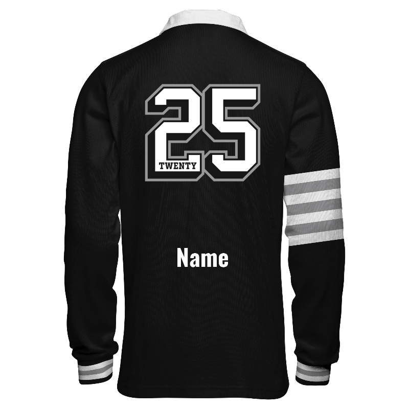 Back of Rugby Jersey  in Black and White with Light Grey and White stripes, ribbing in Black, White and Light Grey and decoration on back center including a custom name for personalisation