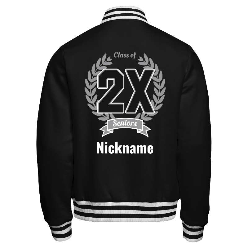 Back of Fleece Letterman Jacket (Stormfront) in Black with ribbing in White and Black and decoration on back center including a custom name for personalisation