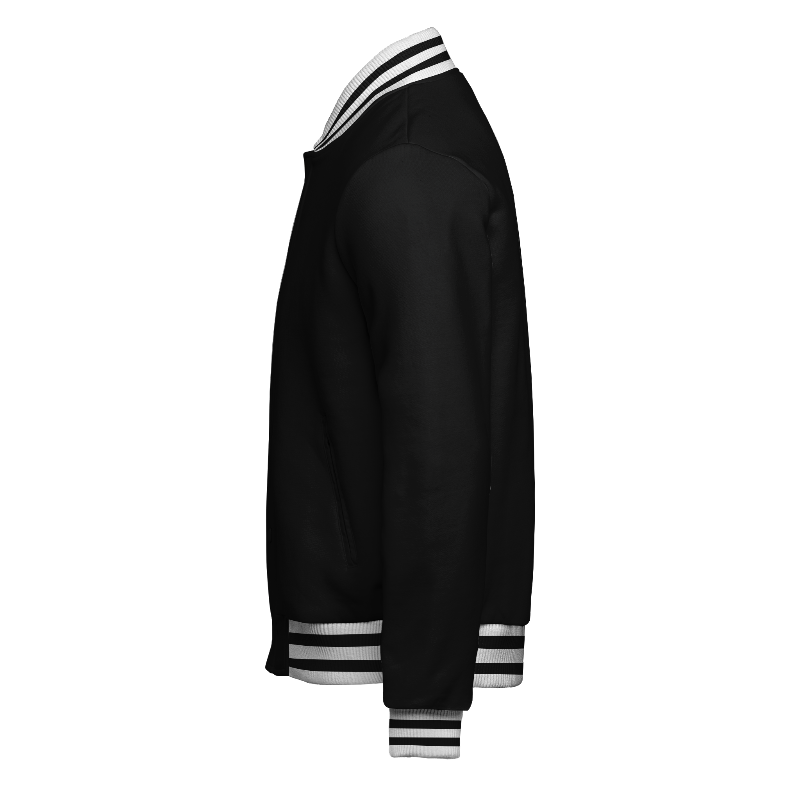 Left of Fleece Letterman Jacket (Stormfront) in Black and White with ribbing in White and Black